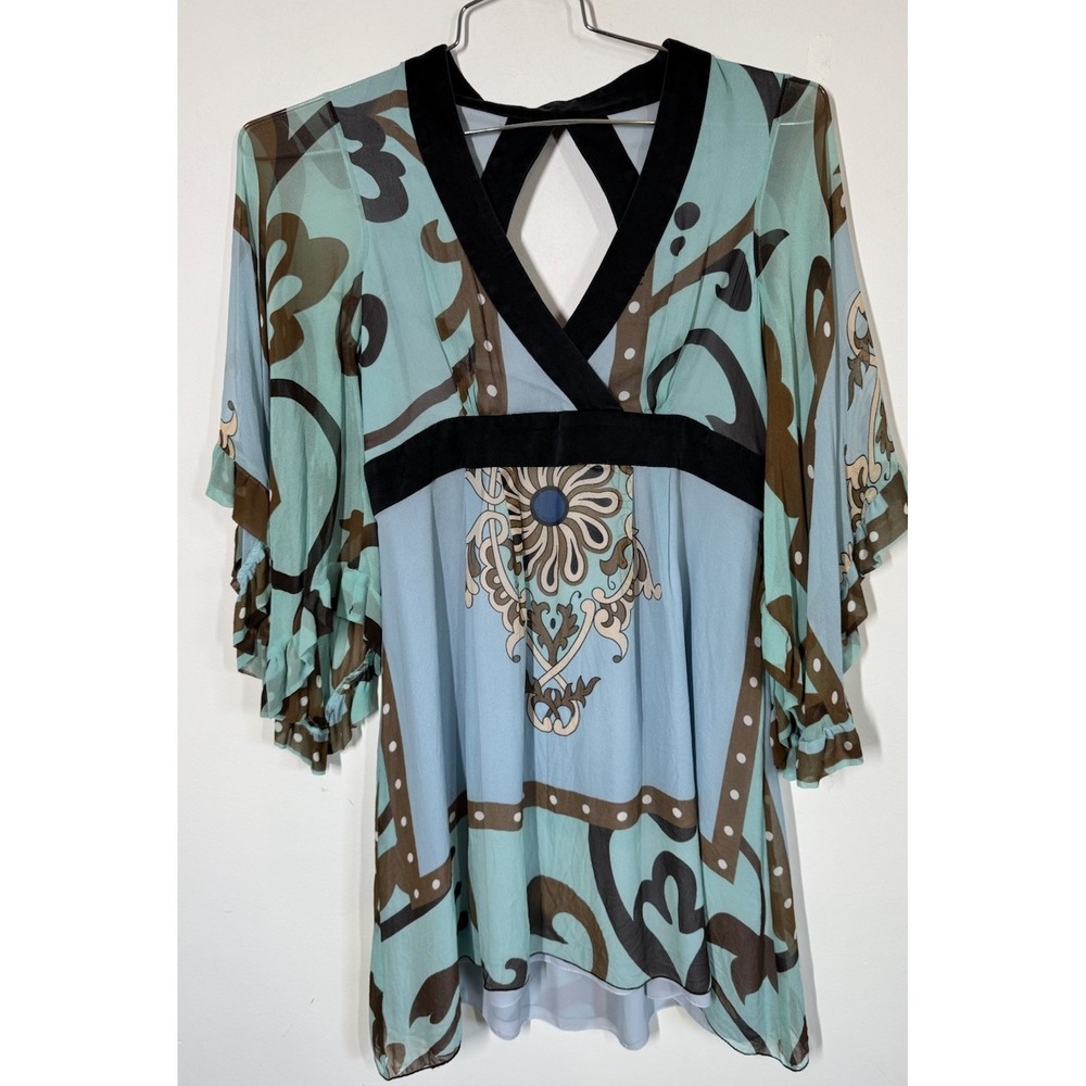 VTG Single Dress 100% Silk Mini Dress Open‎ Back Bell Sleeves Size M Whimsigoth